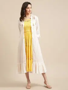 Varanga Yellow & White Layered A-Line Midi Dress