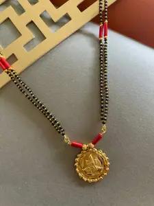 Digital Dress Room Gold-Plated Black & Red Beaded Laxmi Coin Pendant Long Mangalsutra