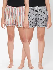 FashionRack Women Grey & Pink 2 Printed Lounge Shorts