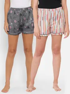 FashionRack Women Grey & Multicoloured 2 Printed Lounge Shorts