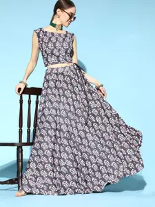 RedRound Grey Printed Semi-Stitched Lehenga Choli