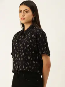 FOREVER 21 Black & Green Print Shirt Style Crop Top