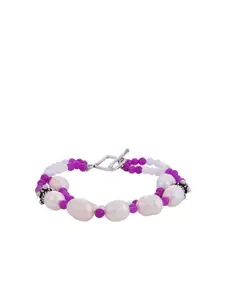 Tistabene Women Silver-Toned & Purple Beaded Rhodium-Plated White Barque Pearls Bracelet