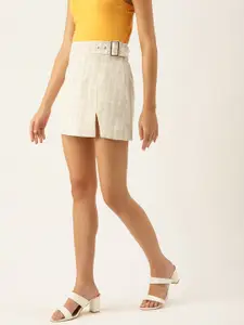 FOREVER 21 Women Beige & White Checked Straight Mini Skirt Comew With a Belt