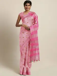 Kalakari India Pink & Yellow Floral Embroidered Silk Blend Saree