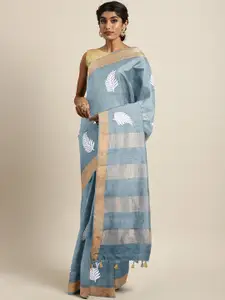 Kalakari India Grey & White Floral Embroidered Silk Blend Saree