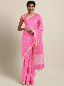 Kalakari India Pink & White Floral Embroidered Silk Blend Saree