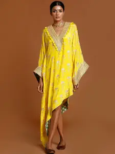Masaba Yellow & Gold-Toned Floral Crepe Ethnic Kaftan Dress