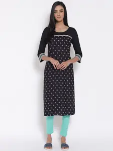 AURELIA Women Black Floral Printed Thread Work LIVA Kurta