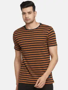 People Men Orange & Black Striped Pure Cotton  T-shirt