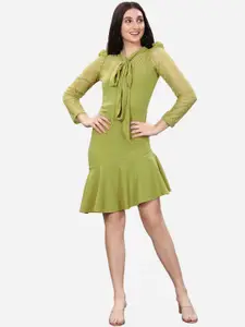 Selvia Olive Green Tie-Up Neck Sheath Dress