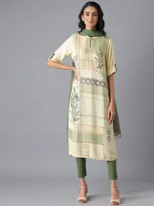 AURELIA Women Green Floral Checked Keyhole Neck Kurta