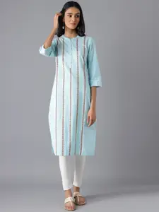 AURELIA Women Blue Striped Keyhole Neck Thread Work Kurta