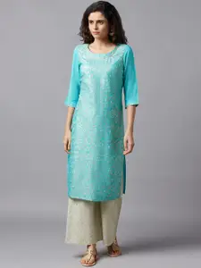 AURELIA Women Turquoise Blue Floral Woven Design Kurta