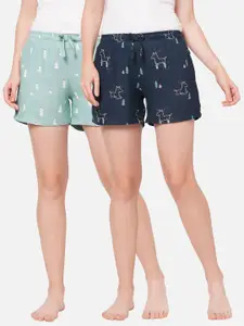 DRAPE IN VOGUE Women Pack Of 2 Grey & Blue Printed Lounge Shorts