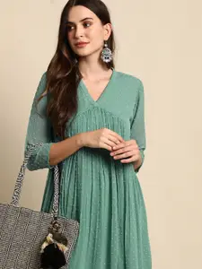 Janasya Women's Green Chiffon Self Design Flared Kurta