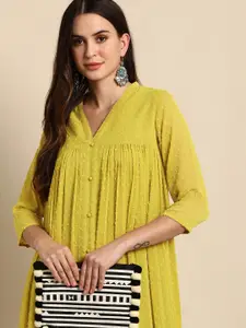 Janasya Women Mustard Chiffon Self Design Front Slit Kurta