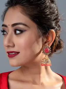 aadita Gold-Toned & Pink Geometric Jhumkas Earrings