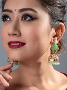 aadita Gold-Toned & Green Dome Shaped Jhumkas Earrings