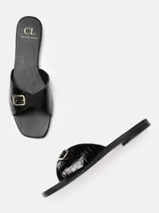 Carlton London Women Black Croc Textured Open Toe Flats with Buckle Detail