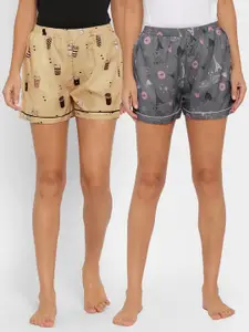 FashionRack Women Grey & Brown Pack of 2 Printed Cotton Lounge Shorts