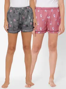 FashionRack Woman Pack of 2 Grey & Pink Printed Lounge Shorts