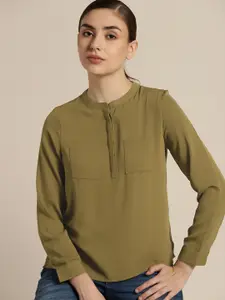 ether Olive Green Mandarin Collar Shirt Style Top
