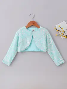 A Little Fable Girls Turquoise Blue Printed Party Embellished Crop Shrug