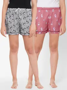 FashionRack Women Grey & Pink Set of 2 Printed Lounge Shorts