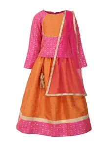 A Little Fable Girls Pink & Orange Embellished Ready to Wear Lehenga & Blouse With Dupatta
