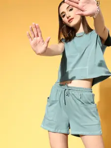Roadster Women Blue Solid Cropped T-shirt & Shorts Set