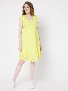 Vero Moda Green Self Design Ruffled Empire Dress