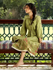 AURELIA Olive Green Ethnic Motifs A-Line Midi Dress