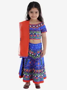 ahhaaaa Girls Blue & Red Embroidered Mirror Work Ready to Wear Lehenga & Blouse With Dupatta