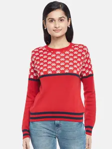 People Women Red & White Self Design Printed Pullover