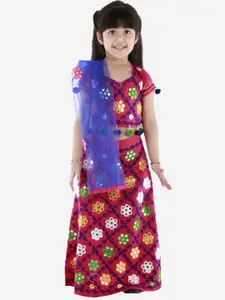 ahhaaaa Girls Pink & Blue Embroidered Thread Work Ready to Wear Lehenga & Blouse With Dupatta