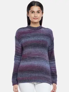 People Women Black & Purple Striped Pullover