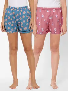 FashionRack Women Pack Of 2 Blue & Pink Printed Lounge Shorts