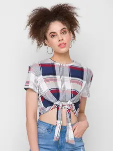 Globus Off White & Navy Blue Checked Crop Top