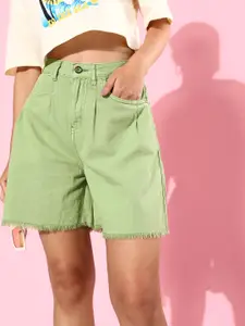 The Roadster Lifestyle Co. Women Green High-Rise Simply Mini Frayed Hem Denim Shorts