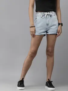 The Roadster Lifestyle Co Women Light Blue High-Rise Denim Shorts With A Belt