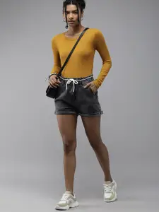 The Roadster Lifestyle Co Women Black High-Rise Denim Shorts