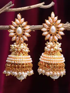 ZENEME Women White & Gold-Toned Contemporary Jhumkas Earrings