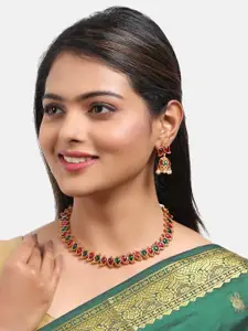 GRIIHAM Gold-Plated Pink & Green Stone-Studded Antique Finish Necklace Set