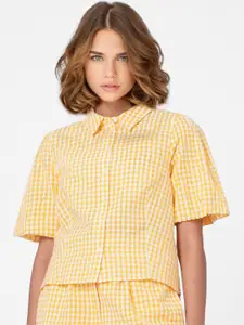 ONLY Women Yellow Boxy Gingham Checks Checked Casual Shirt