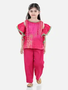 BownBee Girls Pink & Red Printed Ruffles Top with Trousers