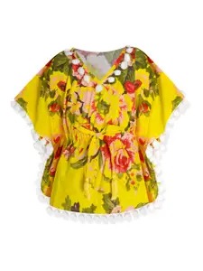 A.T.U.N. Girls Yellow & Red Floral Print Pure Cotton Kaftan Top