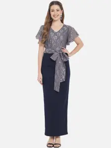 Just Wow Grey & Navy Blue Net Maxi Dress