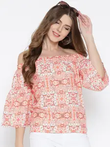 Sera Women Orange & White Printed Bardot Top