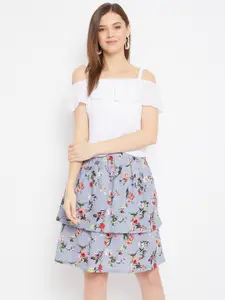 Bitterlime Women White Off Shoulder Top With Printed Layered Skirt
